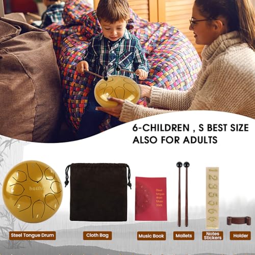 Image of HASTHIP 6-inch Steel Tongue Drum 8 Note, Percussion Instrument Handpan Drum with Bag, Music Book and Mallets for Kids and Adults Meditation Musical Education Concert Mind Healing Yoga (Gold)