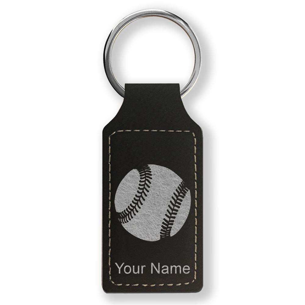 LaserGram Rectangle Keychain, Baseball Ball, Personalized Engraving Included (Black with Silver)