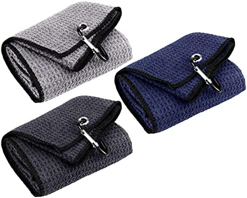 Favritt 3 Pack Tri-fold Golf Towel ,Premium Microfiber Fabric Waffle Pattern Towel,Heavy Duty Carabiner Clip,Golf Accessories for Men,Women（3 Colors,3Pcs）