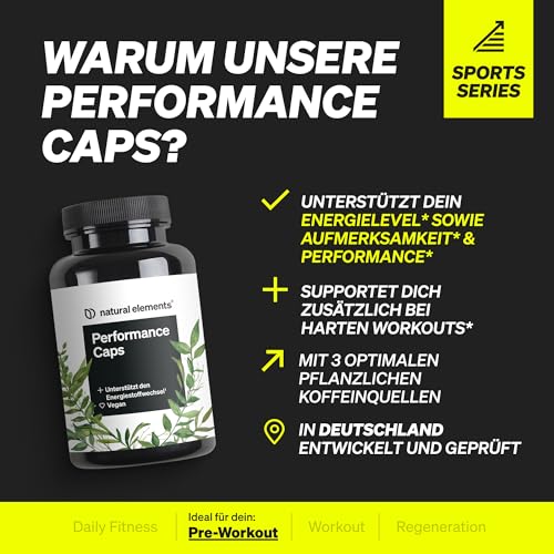 natural elements Performance Caps – 120 Koffein-Kapseln mit Grüntee, Guarana & grüner Kaffeebohne – mit B-Vitaminen – vegan, hochdosiert, ohne unnötige Zusätze – laborgeprüfte Qualität