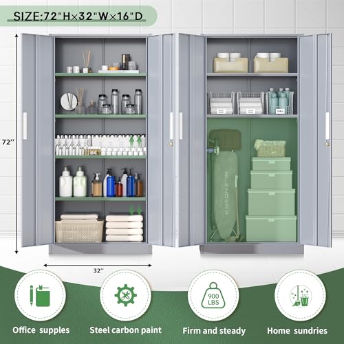 Image of Greenvelly Metal Storage Cabinet, Locking Steel Cabinet with 2 Doors and 4 Adjustable Shelves, 71 inch Utility Metal Filing Organization with Lock for Home Office, Garage, Classroom (Dark Gray)