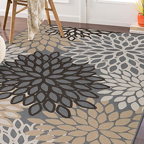 Kimode Indoor Outdoor Rug 4X6 Reversible Washable Floral Entryway Rug Low-Profile Living Room Rug Cotton Woven Floor Carpet Multicolor Area Rug For Patio,Backyard,Deck,Porch,Bedroom-Grey #TOP1