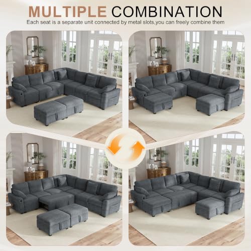 Image of Hanherry 106 inch Sectional Sofa with Pull Out Couch Bed,7 Seat Corduroy Sleeper Sofa with 2 Seat Storage & USB Charging,Storage Ottoman,Comfy Modular Couches for Living Room,Apartment