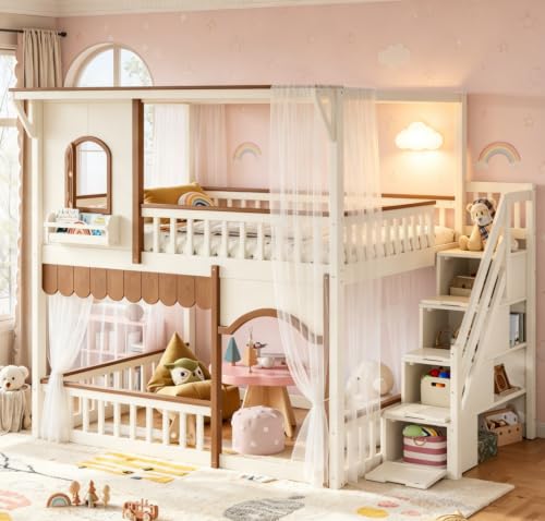 Bellemave Bunk Bed Full Over Full with Storage Stairs and Bookshelf, House Bunk Beds with Window for Kids, Teens, Detachable, Beige & Natural by Bellemave - Used condition - Image 2