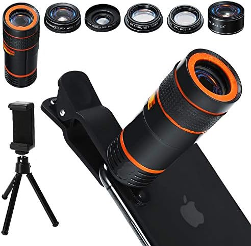 6-in-1 Cell Phone Camera Lens Kit, 12x Telephoto Zoom Lens, 0.62x Wide Angle & 20x Macro, 235ยฐ Fisheye, Starburst, and Professional CPL Lens+ Phone Holder & Tripod for iPhone X/8/7/6/6s, Android,