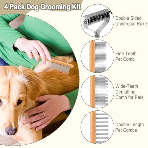 TTONPFA 4 Pack Shedding Brush for Large Dog, Cat Hair Grooming Kits, Knotting Comb, Deshedding and Dematting Brush, Double Sided Undercoat Rake to Remove Mats, Flea Comb Kit with Wood Handle - Image 3