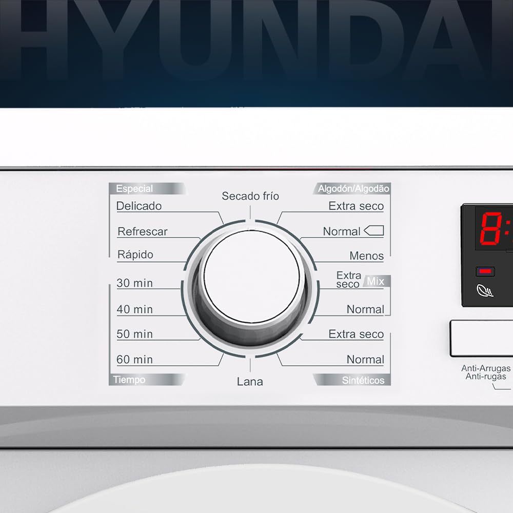 Hyundai Secadora Evacuación 7 Kg, Carga Frontal, Blanco, HSE700C. 2000W, 16 Programas, Función Antiarrugas, Función Antiarrugas, Display LED manual, Eficiencia Energética Clase C