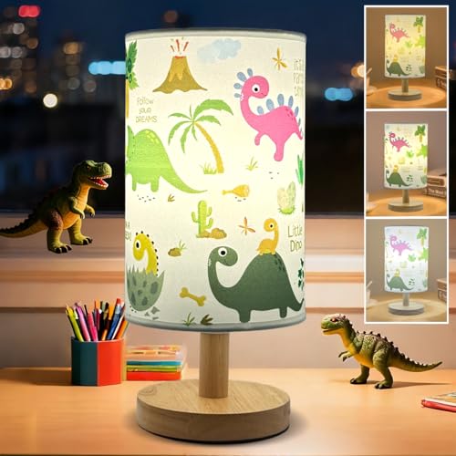 Dinosaur Lamp for Bedroom, Dinosaur Room Decor for Kids-3 Color Dimmable Reading Bedside/Desk Nightlight with Linen Shade and Wood Base for Bedroom Living Room, Christmas Gifts for Dino Fans Boys