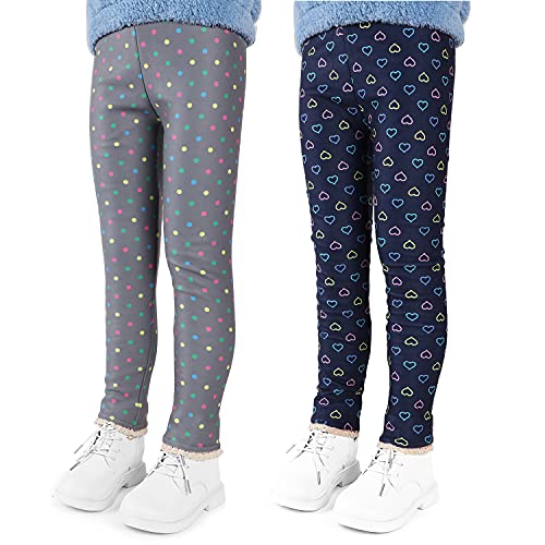 SXSHUN Leggings para Niñas Pantalones Gruesos Forrados con Estampado Invierno Pantalones Elásticos Largos y Cálidos Medias de Lana Elásticos, Puntos grises + corazón azul, 6 años Cover