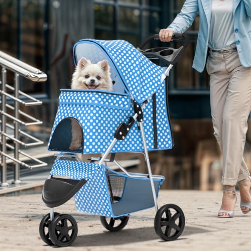 Image of Magshion 3-Wheel Pet Stroller, Foldable Travel Jogger for Small & Medium Dogs & Cats (Up to 33lbs), Lightweight Carrier with Breathable Mesh Cover, Cup Holder & Storage Basket, Sky Blue Polka Dots