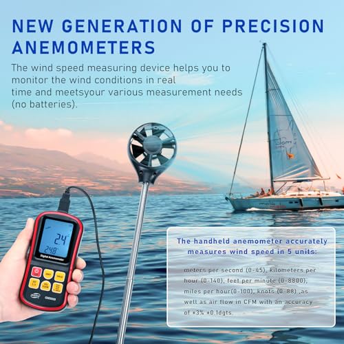 NURATIT Handheld CFM Anemometer, Digital Anemometer Measures Air Speed, Air Volume and Air Temperature, Handheld Anemometer with Backlight Max/Avg/Min Functions for Measuring Wind Speed., GM8909