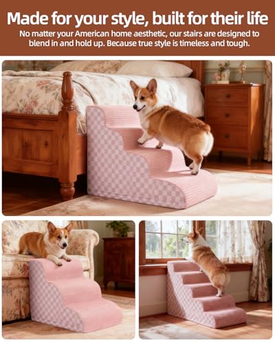 Image of Dog Stairs Ramp for Couch Pet Stairs for Small Dogs with High Density Foam, Dog Slope Stairs with Durable Non-Slip Bottom for Puppy (Pink-Slope, 5-Step(33 inch Dx 15.7 inch W x 22 inch H), 5)