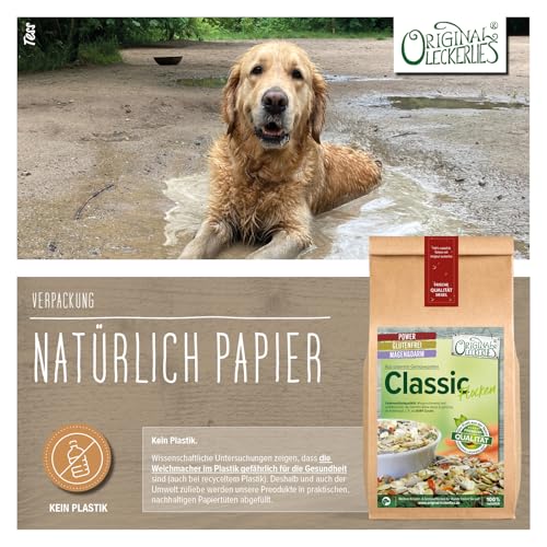 ORIGINAL LECKERLIES Classic-Flocken-Mix, 1 kg magenfreundlich, Hundeflocken mit Gemüse und wertvollen Sonnen- und Kürbiskernen, Haferflocken, Barf Zusatz Hund Hundefutter – Naturprodukt für Hunde