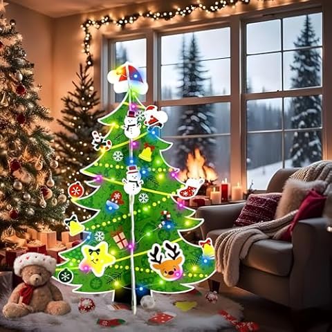 Sticky Christmas Tree with Lights for Kids - 3.5Ft Marquee Light Up Christmas Tree with Candies Snowman Ornaments for Xmas Party Decoration, 2 Modes | Steady On/Slow Flash | & Multicolor Light String Cover