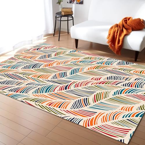 Image of XEODIAT Retro Feather Wave Area Rugs Colorful Stripe Botanical Leaves Easy Clean Floor Carpet for Bedroom Living Room Indoor Carpet Nursery Room Home Decor Aesthetic Rug 60 x 110 cm