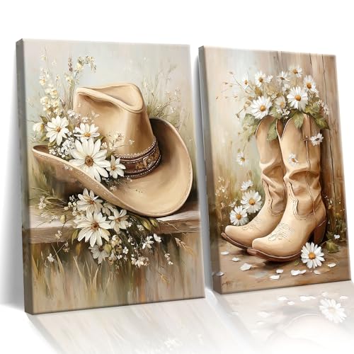 Image of Frimeeme 2 Piece Set Framed Floral Cowgirl Footwear Canvas Wall Art | 12x16 inch Cowboy Hat and Boots Canvas Prints,for Girls Bedroom Living Room Dorm