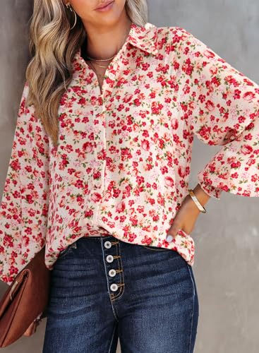 Dokotoo Women's Casual V Neck Allover Floral Print Long Sleeve Chiffon Button Down Blouses Bohemian Top Shirts - Image 4
