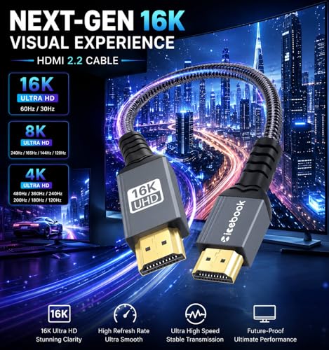 Image of 16K HDMI to HDMI 2.2 Cable 3FT, 96Gbps Ultra High Speed, 8K@240Hz, 4K@480Hz, eARC, VRR, Braided HDMI Cord with Gold-Plated Connectors for PS5, Xbox, Gaming PC, Monitor & TV