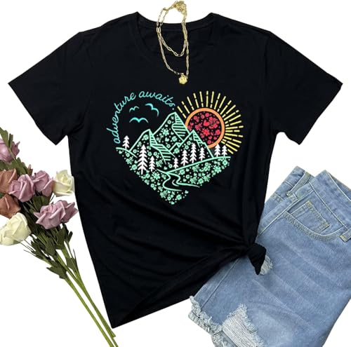 Women Adventure Awaits Outdoor Graphic Tee Shirt Kindness Heart Printed Hike Mountain Nature Travel Shirt Workout Tops, Black XL