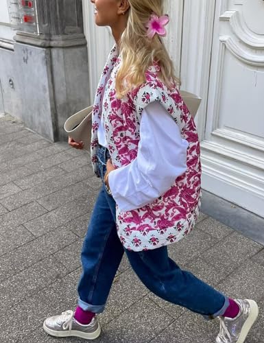 Arssm Womens Floral Quilted Vest V Neck Lightweight Sleeveless Jacket Padded Gilet Open Front Crop Vest2