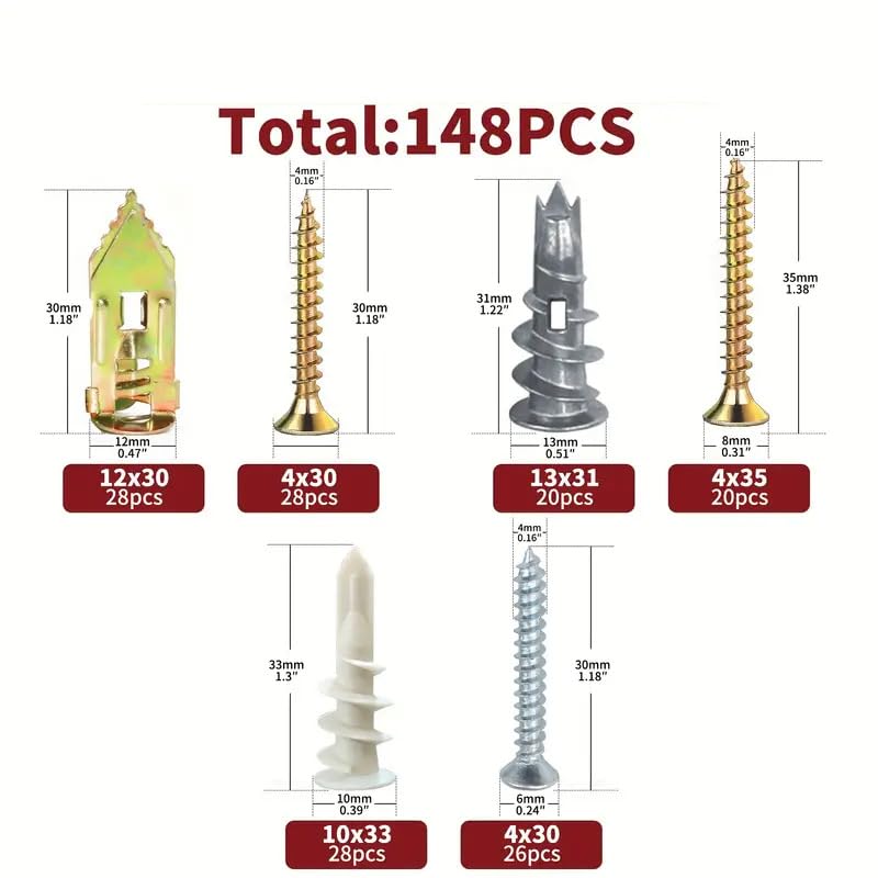 148pcs Spiral Expansion Screw Set Drywall Screws Zinc Alloy Self-Drilling Drywall Anchors Kit with Box (148pcs)