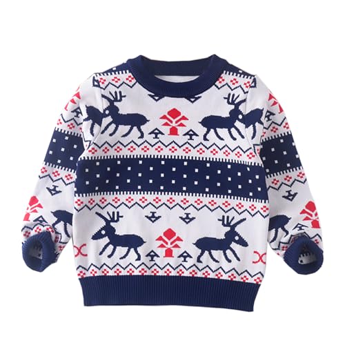 Children's Christmas Sweater Boy's Sweater Children's Knit Crew Neck Sweatshirt 3-11 Y (US, Age, 4 Years, Navy Blue Classic Reindeer)