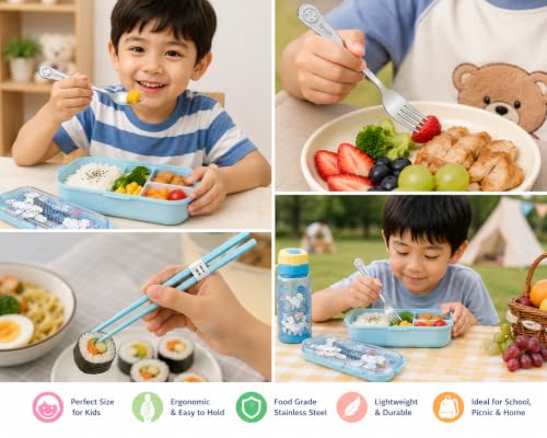 Image of Kids Cutlery Set with Box | Stainless Steel Spoon /Fork /Chopsticks | BPA-Free Food Grade Portable Lunch Utensils for School, Travel, Picnic & Camping