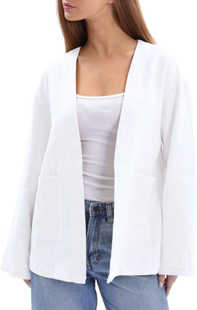 Amazhiyu Women's 100% Linen Lightweight Long Sleeve Open-Front Cardigan Pockets
