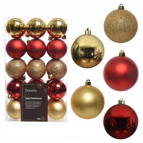 Unzerbrechliche Weihnachtskugeln Set, 30 STK, 6 cm, Rot-Gold, Glänzend/Altmodisch/Glitzernd