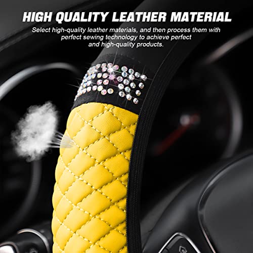 Bling Soft Leather Steering Wheel Cover, 15 Inch Colorful Rhinestones Auto Elastic Steering Wheel Protector, Sparkly Crystal Diamond For Women Girls, Car Accessories For Most Cars (Yellow) #TOP2