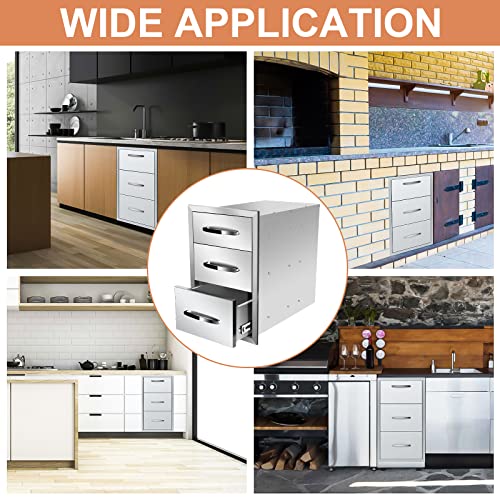 Image of Outdoor Kitchen Drawers 14'' W x 21'' H x 21'' D, Flush Mount Triple Access BBQ Drawers for Outdoor Kitchens or BBQ Island Patio Grill Station, Silver
