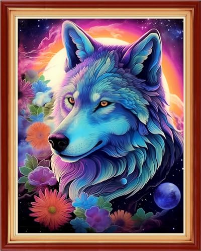 Image of Findvoor Stamped Cross Stitch Kits for Beginner Embroidery Kits for Beginners Adults DIY 11CT Cross Stitch Patterns Needlepoint Kits Crossstitching Kits-Flower Wolf 16x20 inch