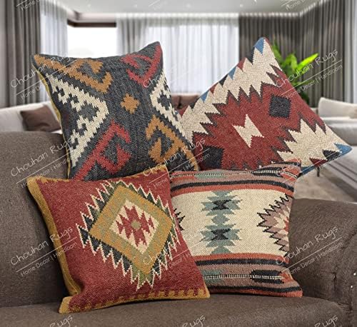 Chouhan Rugs 4 PCS Set of Indian Kilim Cushion Cover 18X18 Pillows Boho Ethnic Shams Jute Pillow Cases Rug Boho Shams