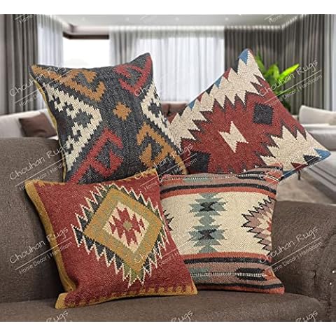 Chouhan Rugs Juego de 4 fundas de cojín Kilim étnicas de yute Cover