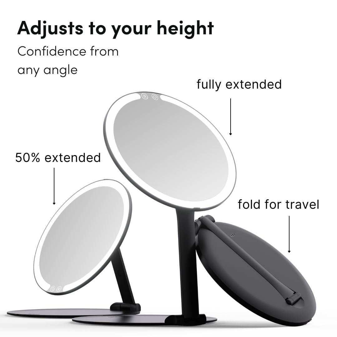 Fancii Abigail - Specchio da viaggio ricaricabile con luce LED, supporto pieghevole da 20,3 cm, illuminazione a 3 colori, specchio da viaggio dimmerabile e leggero, essenziale da viaggio (nero)