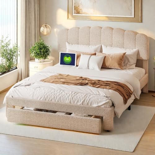 Lit Teddy Beige 140x200 avec Sommier à Lattes, Tête Réglable en Hauteur avec éclairage LED Et Port USB, Lits Coffre avec Tiroir De Rangement, Cadre De Lit Capitonné...