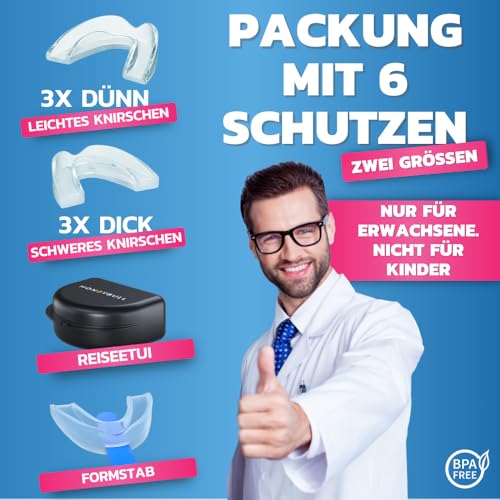 HONEYBULL Anti-Knirscher-Schienenset für leichtes und starkes Zähneknirschen, komfortable, individuell anpassbare Mundschiene für nächtliches Zähneknirschen, 6 Pack - Gemischt