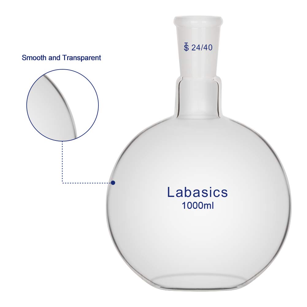 Labasics Verre 1000ml Ballon à Fond Plat avec col Unique, Single Neck Flat Bottom Boiling Flask Ballon D'ébullition avec Joint Extérieur Standard 24/40 (1000ml)