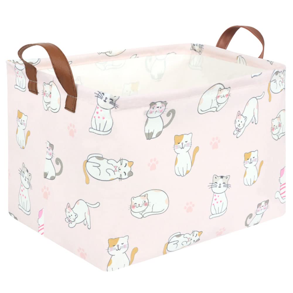 FXOLCSHE Rectangular Pink Cat Baskets,Cute Storage Basket Bin,Pink Gift Organizer,Empty Rectangular Cat Room Decor(Pink Cats)