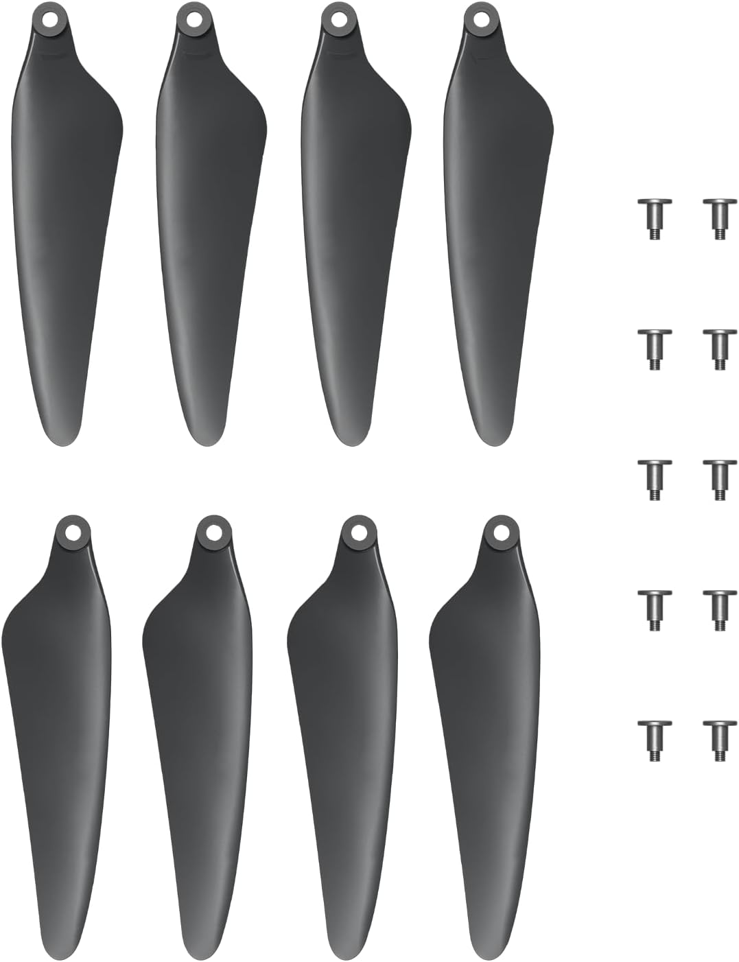 Two sets of spare drone propellers and corresponding screws, neatly arranged.
