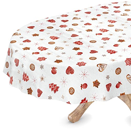 Mantel de hule lavable, diseño navideño, ovalado, 140 x 240 cm, con dobladillo, para Nochevieja