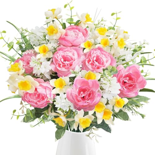 Zythrem Peony Artificial Flowers Fake Flowers Silk Peony Flowers Bouquet Plastic Daffodils Flower Faux Flower for Home Wedding Party Table Centerpieces Floral Arrangement Home Kitchen Decor