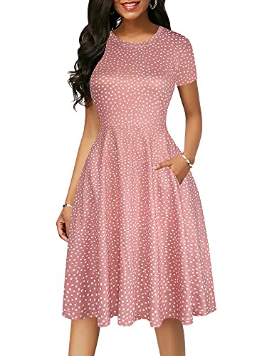 Image of oxiuly Women Casual Dress Round Neck Soft Cotton Floral A-Line Midi Summer Dresses with Pockets OX262