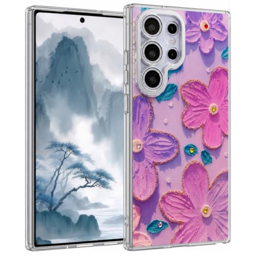 Image of VONZEE Samsung Galaxy S24 Ultra Case, Laser Flower Oil Painting Design, Cute Colorful Blue Ray Bumper, Full Camera Protection, Shockproof PC+TPU Glossy Shiny Protective Cover for Women & Girls, Purple