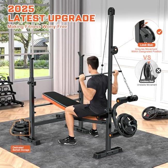 Fostoy 800lbs 8-in-1 Adjustable Weight Bench¨CHome Gym Multi-Function Trainer with Lat Pulldown, Leg Extension/Curl, Barbell Press & Preacher Curl Pad, Adjustable Seat for Full-Body Strength Training