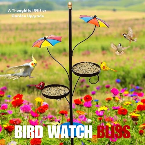 Image of Kraftskala Outdoor Bird Feeder with Water Bowl & Two Seed Trays, Rust-Resistant 2-Part Metal Pole - Perfect Garden or Backyard Decor for Bird Watching and Feeding