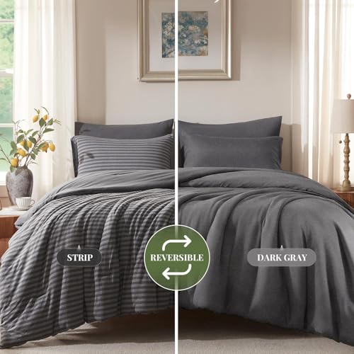 Image of Twin Comforter Set Comforters Twin Size Bed Sets, Luxury Ultra-Soft Jersey Knit Bedding, Strip /Dark Gray Lightweight Down Alternative Bed Comforter for All Season, 2 Piece Bedding Set