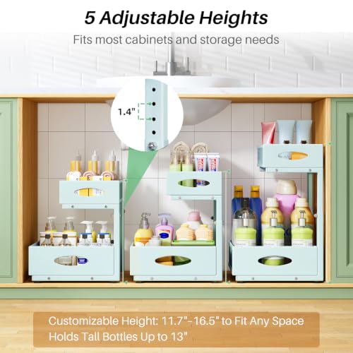 Image of Under Sink Organizer, 1-Pack Pull Out Cabinet Organizer 2 Tier Metal Slide Out Storage Shelf Rack, L-Shaped Adjustable Height,Mesh Sliding Drawer for Kitchen, Bathroom, Laundry, Pantry, Blue, XL