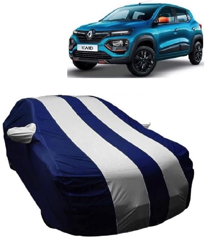 Image of Carigiri White and Navy Blue Car Body Cover for Renault Kwid(Triple Stitched,Mirror Pockets,UV Resistant,Dustproof)(Models-2015, 2016, 2017, 2018, 2019, 2020, 2021,2022)