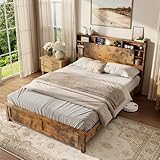 ivoros Queen Size Bed Frame with Storage and Headboard with Charging Station and LED Lights, Rustic Farmhouse Platform Bed, 800lb Heavy Duty Support, No Box Spring Needed, Easy to Assemble, Dark Brown